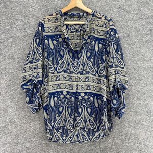 Fun 2 Fun Shirt Women S Small Beige Paisley Button Up V-Neck 3/4 Sleeve Casual